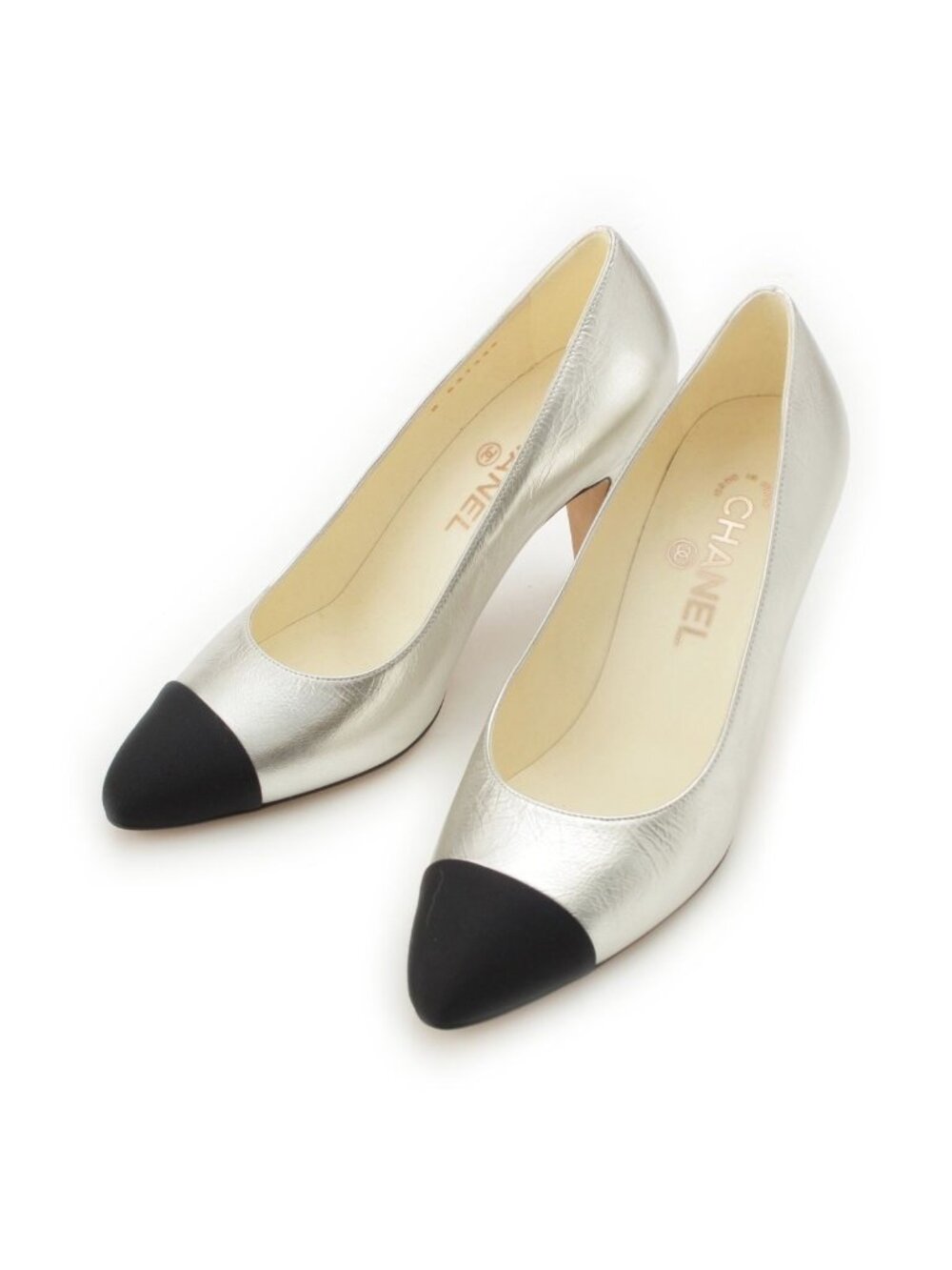 Chanel Leather Back Logo CC Pumps Silver Black Heels